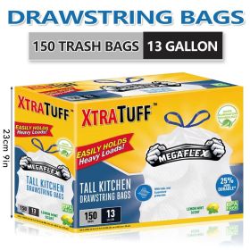 13 Gallon Puncture Tear Resistant Boxed Disposable Garbage Bag, 150pcs Kitchen Drawstring Trash Bags Fresh Clean Scent With Lemon Mint Scent,150
