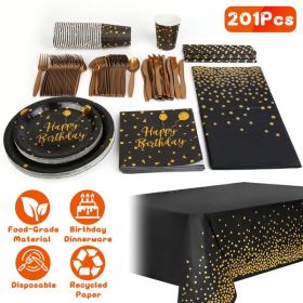 201PCS Black Gold Birthday Party Supplies For 25 Guests Happy Birthday Disposable Dinnerware Set Paper Plates 9OZ Cups Straws Napkins Forks Knive (Color: as picture)