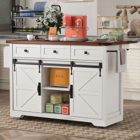 53.7" Farmhouse Kitchen Island with Power Outlet, 2 Sliding Barn Door Kitchen Storage Island with Drop Leaf, Spice Rack Rolling Kitchen Cart on W (Color: White, Material: Particle Board+MDF)